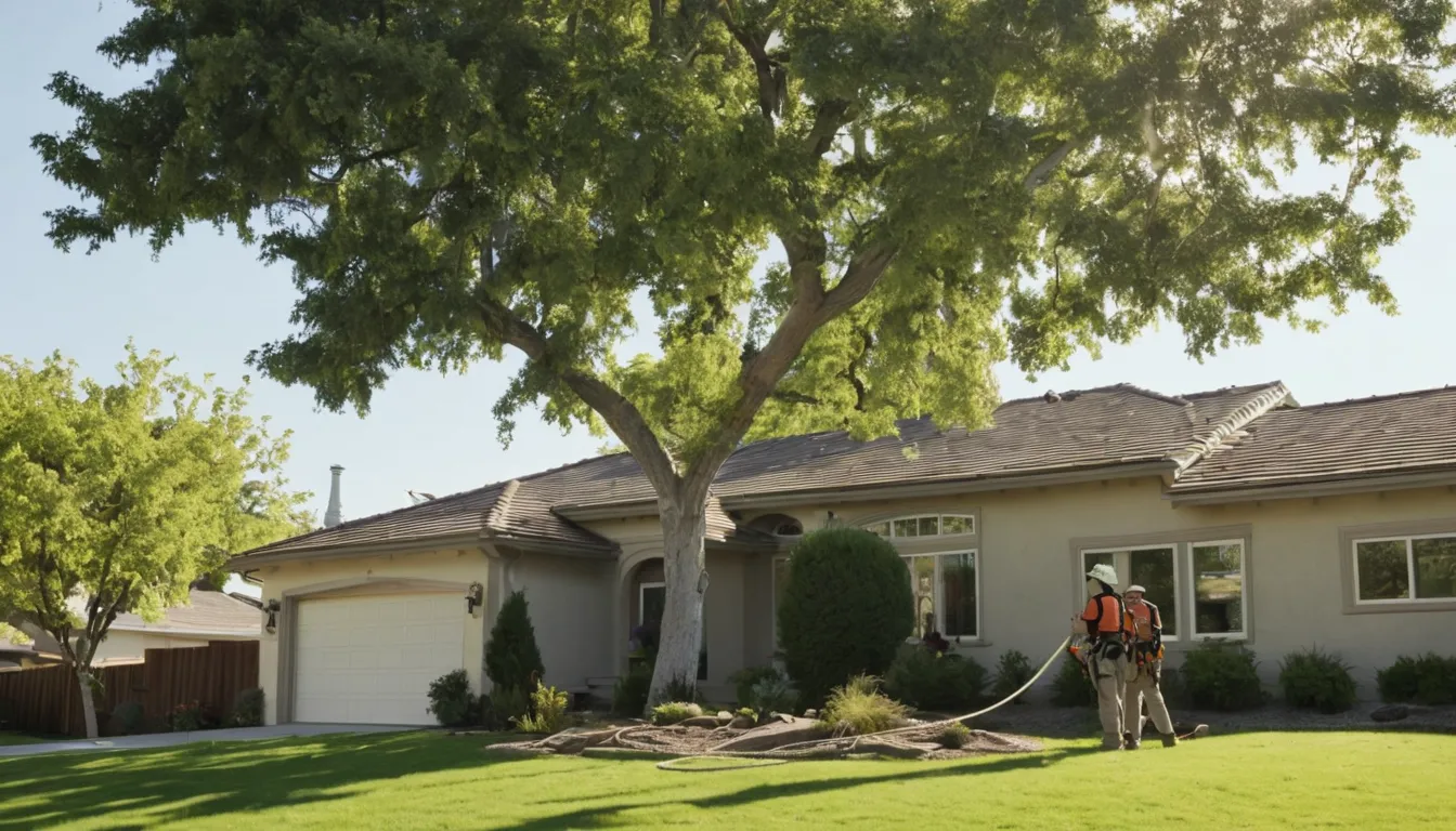 A local tree removal provider lowering a large tree limb beside a stucco ranch home in Los Angeles